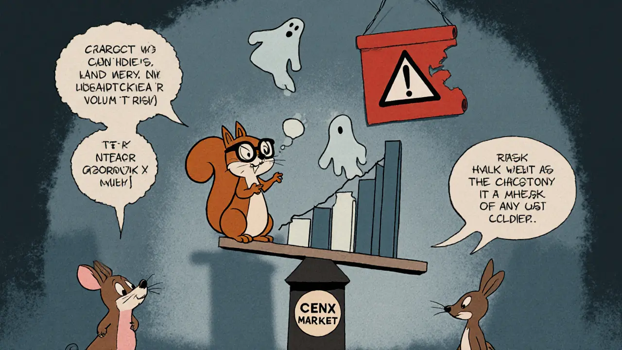 Squirrel examines thin market chart with ghost volume and warning signs.