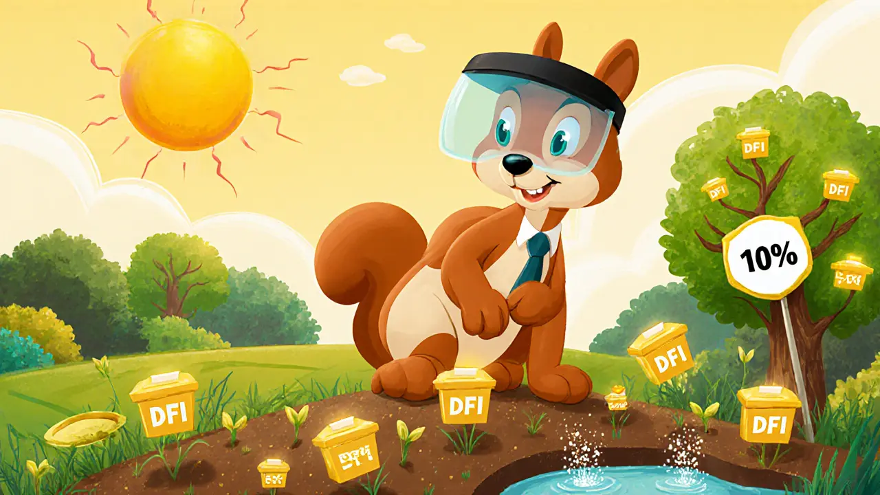 Squirrel planting DFI seeds that grow into trees with ballot boxes.