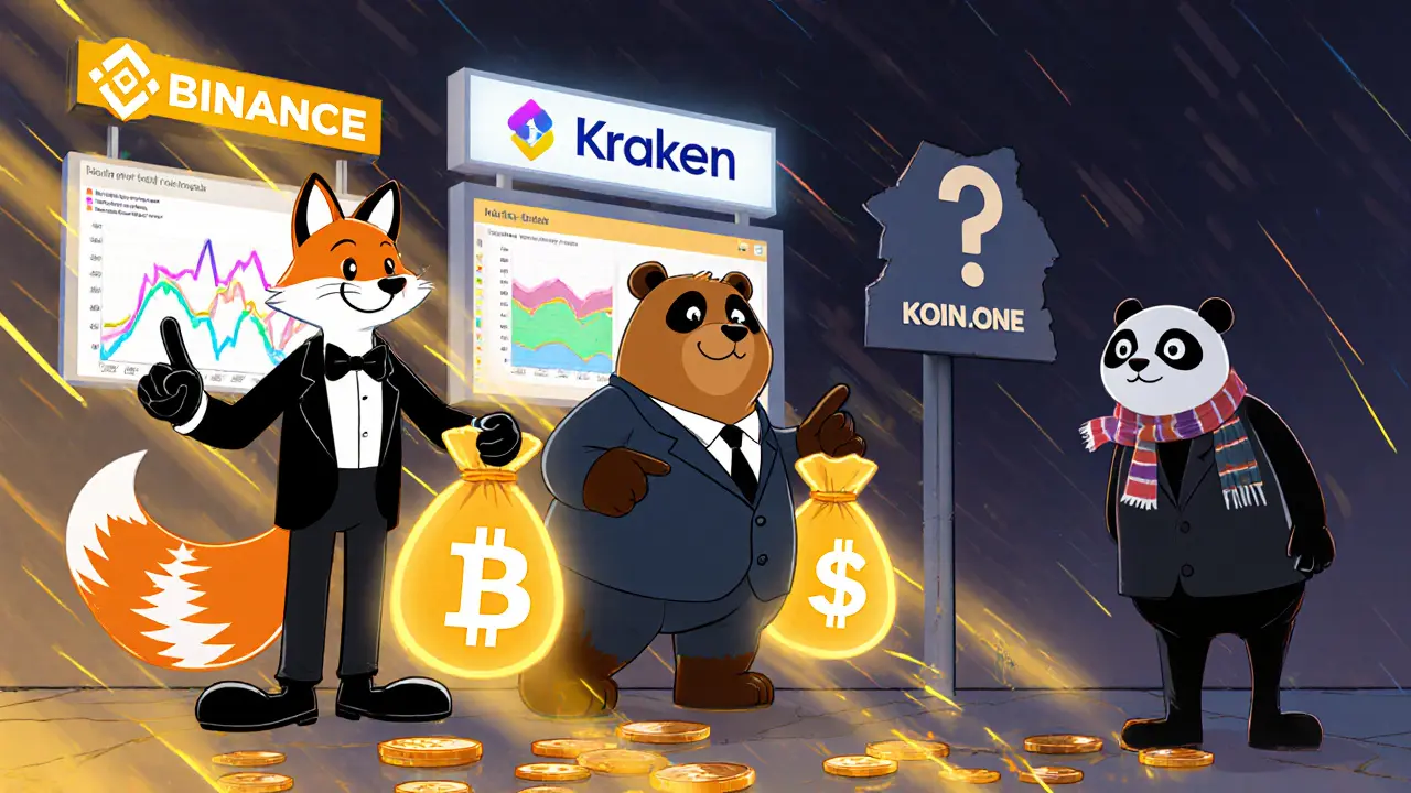 Three animal traders celebrate Binance, Kraken, and Coinone while a shady figure hides ko.one.