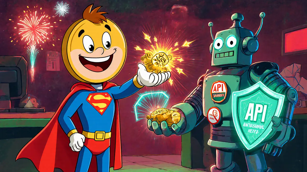 VD token mascot, security guard, and API robot illustrating VinDax features.