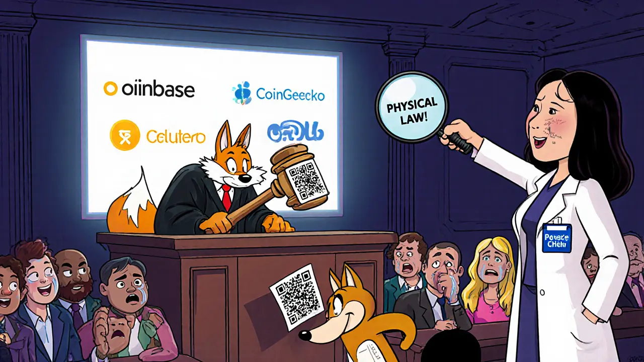 A cartoon courtroom where a fox tries to sneak a fake crypto contract while victims cry and a judge hammers a QR code gavel.