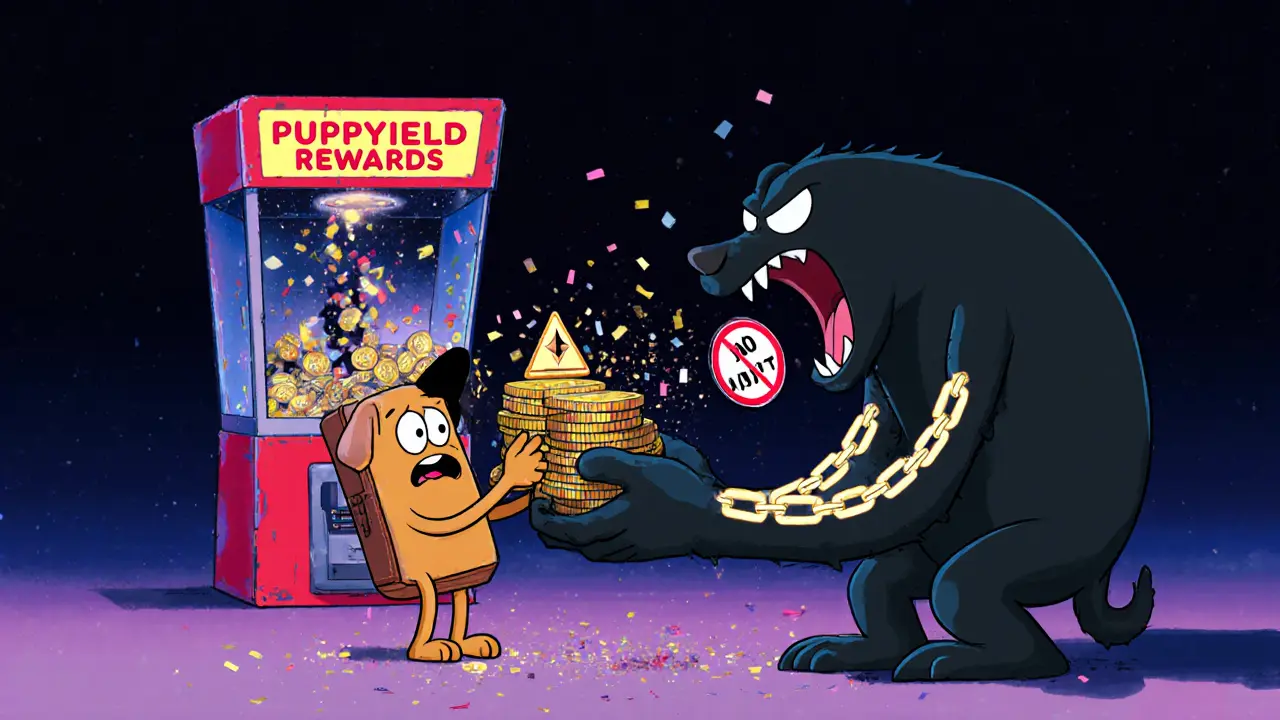 A cartoon wallet handing DOG tokens to a shadowy smart contract monster with Ethereum chains and a &#039;NO AUDIT&#039; sign.