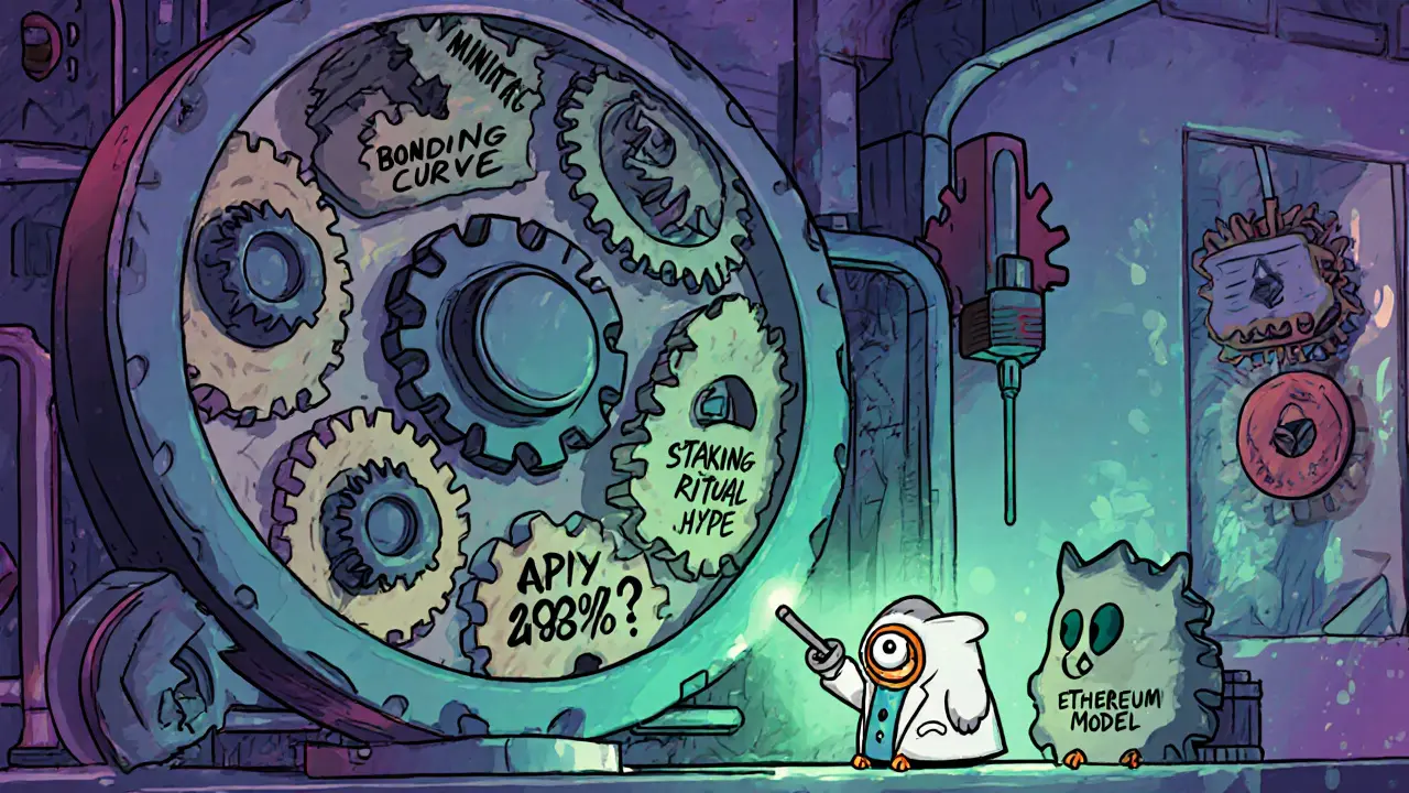 A chaotic DeFi machine with broken gears, while a simple clean gear glows peacefully in the corner.