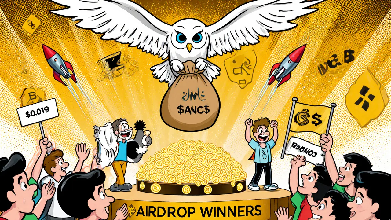 A crowd cheers as giant OWL tokens rain from the sky during an airdrop ceremony with fantasy crypto logos in the background.