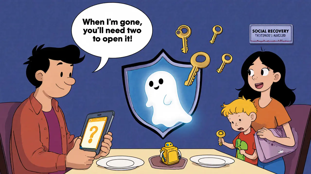 A family at dinner with three keys forming a shield against a fading hacker, labeled &#039;Social Recovery&#039; on the wall.