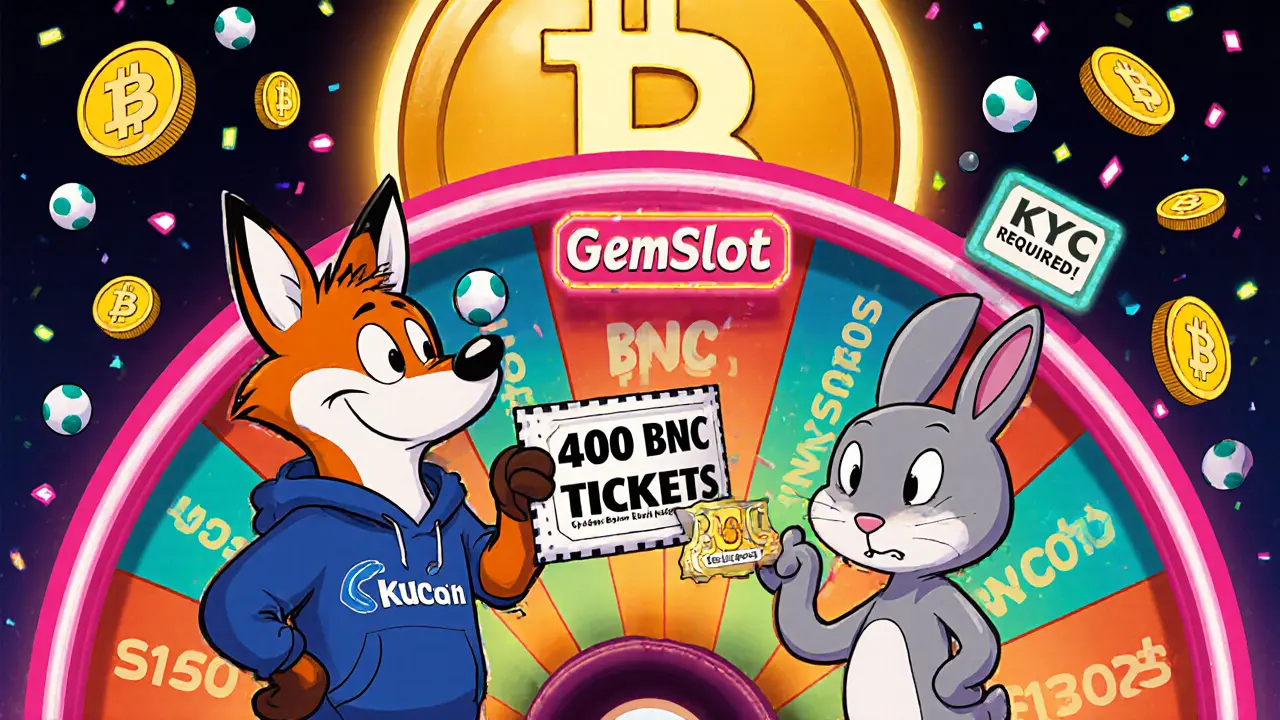 A fox and rabbit competing in a KuCoin GemSlot lottery with floating tickets and glowing BNC jackpot.