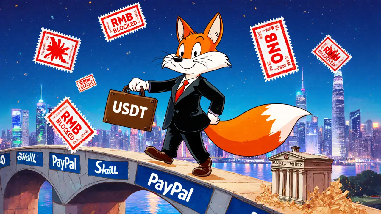 A fox avoiding RMB blocks while crossing a bridge of international payment apps toward foreign cities.