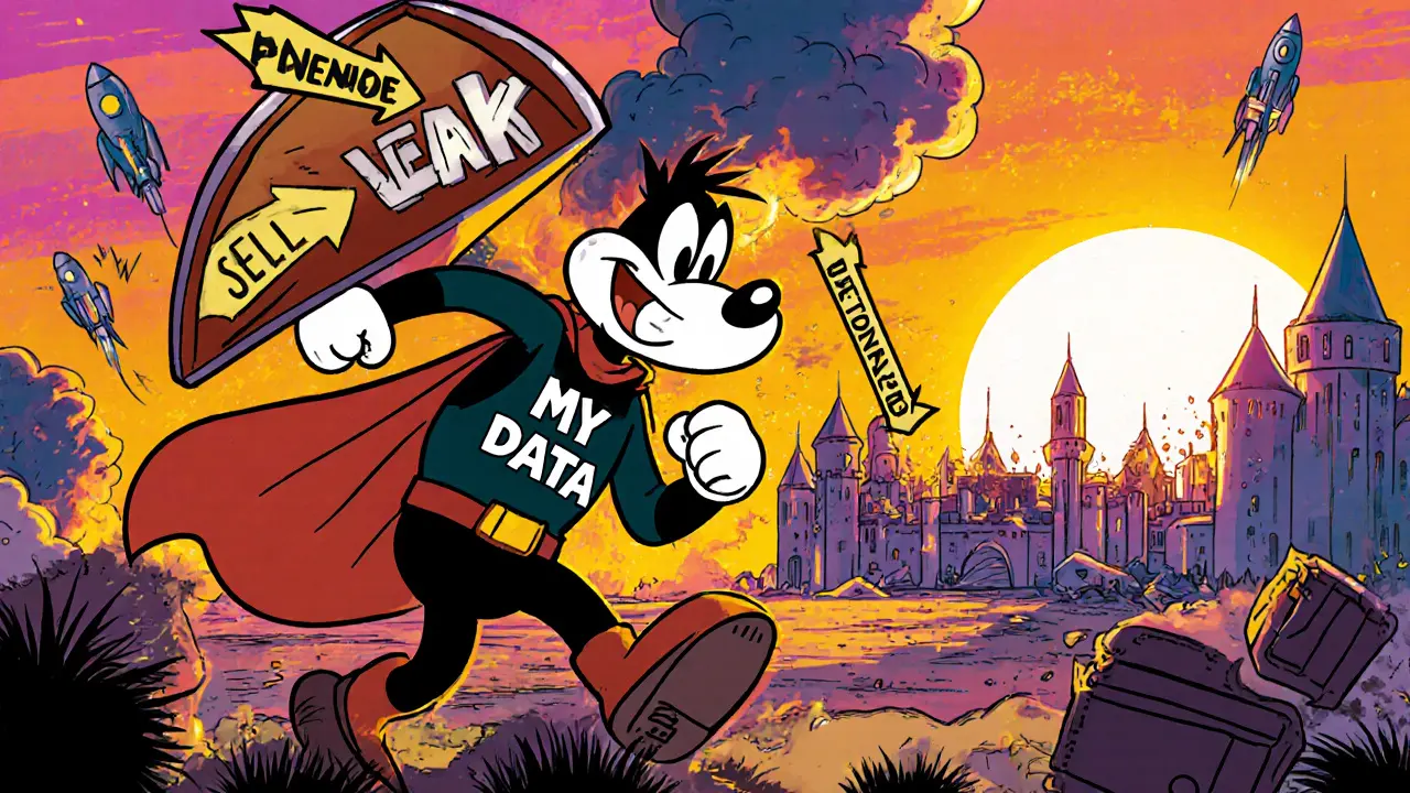 A hero shielding their data from hacking arrows while a centralized system collapses behind them.