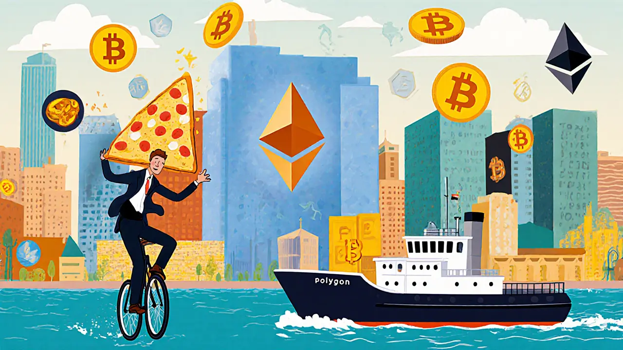 A lively sidechain city with traders, developers, and a ship sailing past a slow Bitcoin tugboat.