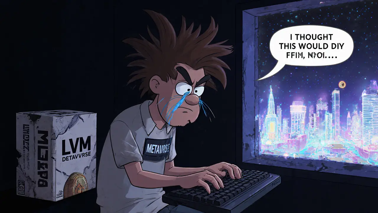 A lonely developer in a dark room, ignoring a dusty metaverse game box while other successful projects glow outside.