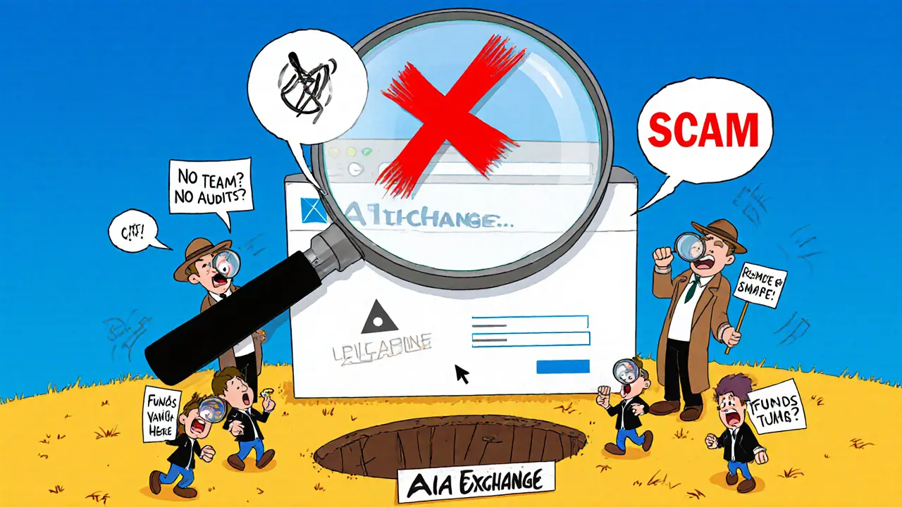 A magnifying glass revealing a blank website with red &#039;SCAM&#039; stamp and running users.