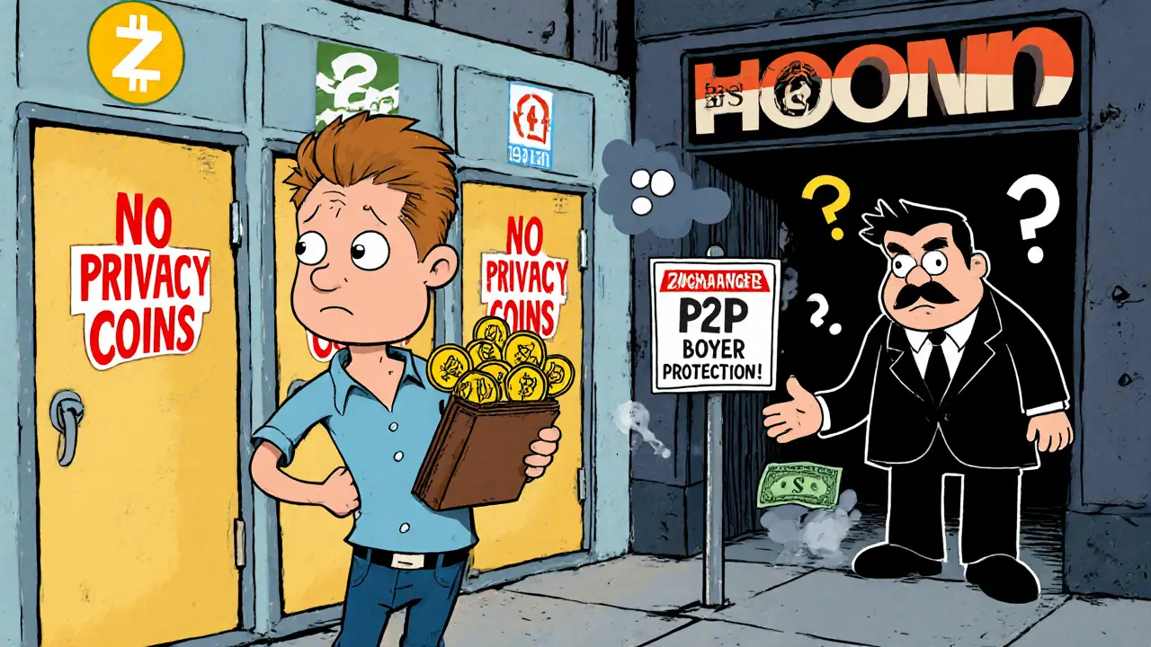 A man surrounded by locked exchanges, offered a risky P2P deal by a shady trader.