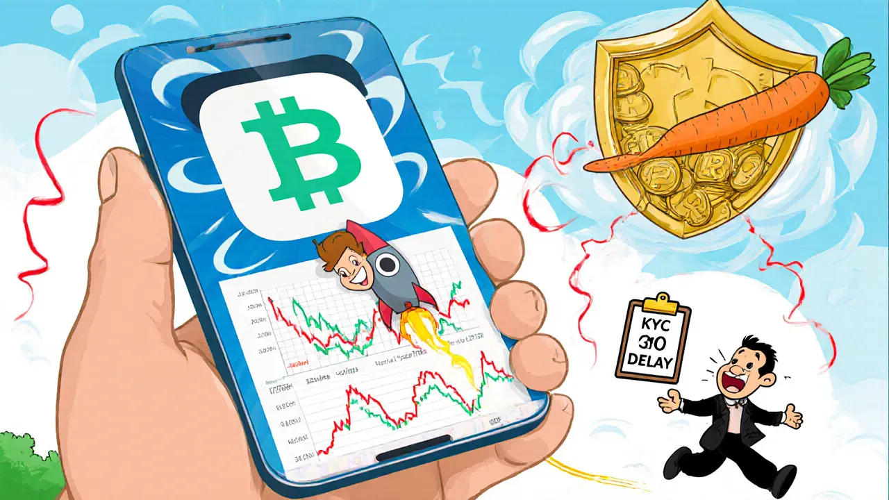 A mobile app rocket ship blasts off with a user riding it, protected by a giant 0M coin shield amid swirling price charts.