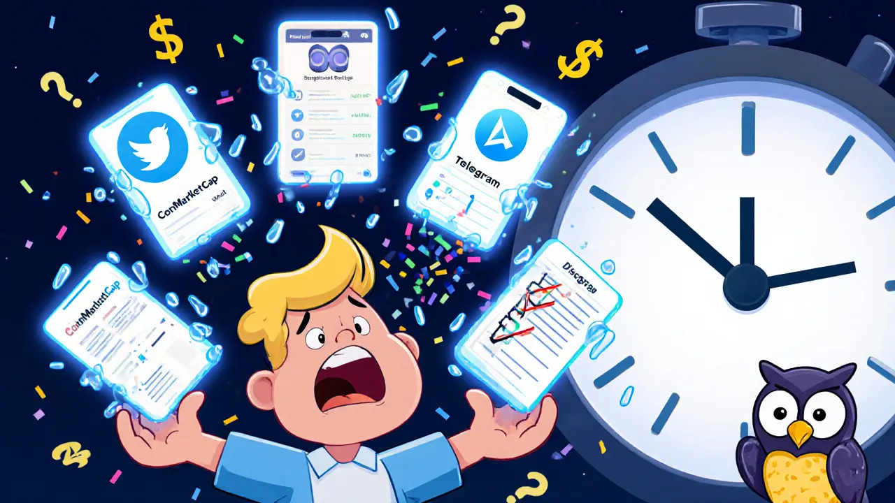 A nervous person juggles six crypto apps as a clock ticks down, with an owl waving a checklist nearby.