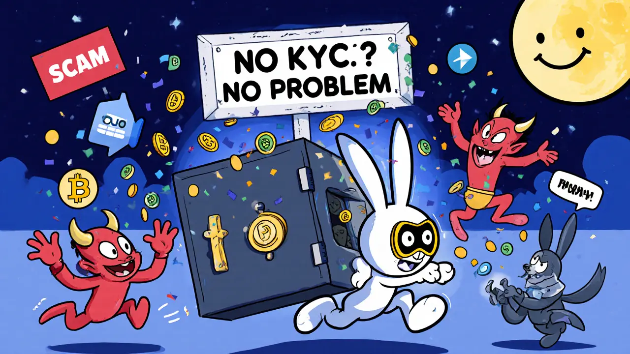 A rabbit escaping crypto scams while carrying a secure wallet, tossing coins into the air under a smiling moon.