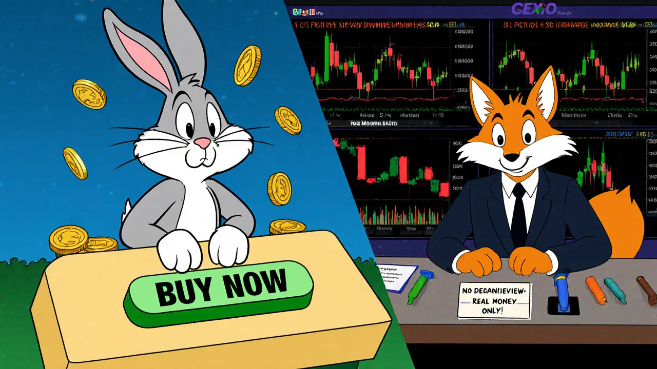 A rabbit using CEX.IO&#039;s Instant Buy button while a fox trades on complex charts, with a &#039;No Demo Account&#039; sign in Looney Tunes cartoon style.