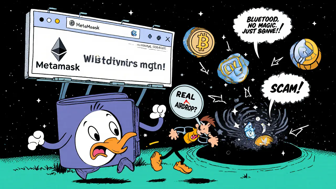 A running MetaMask wallet being chased by a user as tokens vanish into a black hole labeled &#039;Drained!&#039; with warning signs.