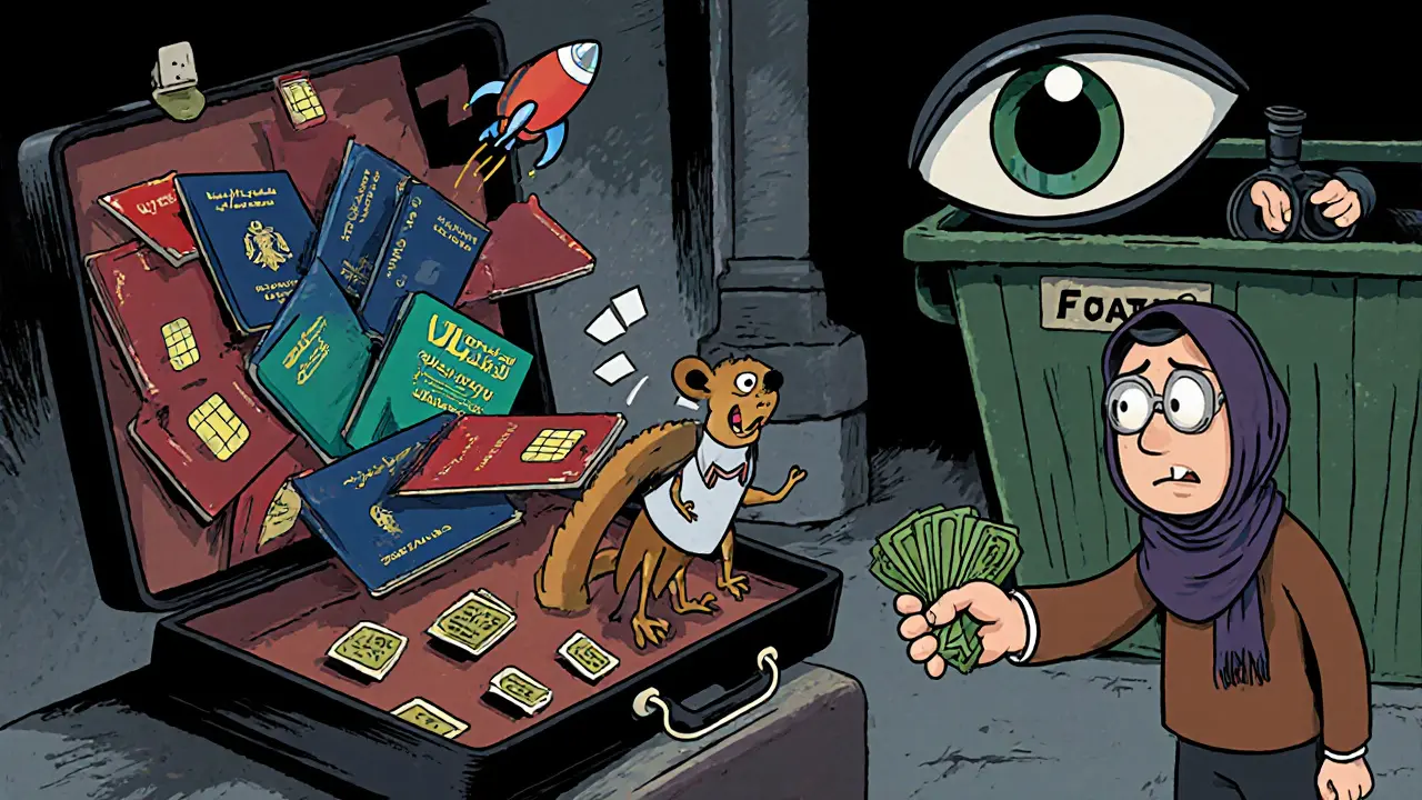 A shadowy vendor sells a bizarre crypto access kit with fake IDs and a sneaky VPN weasel in a Tehran alley.