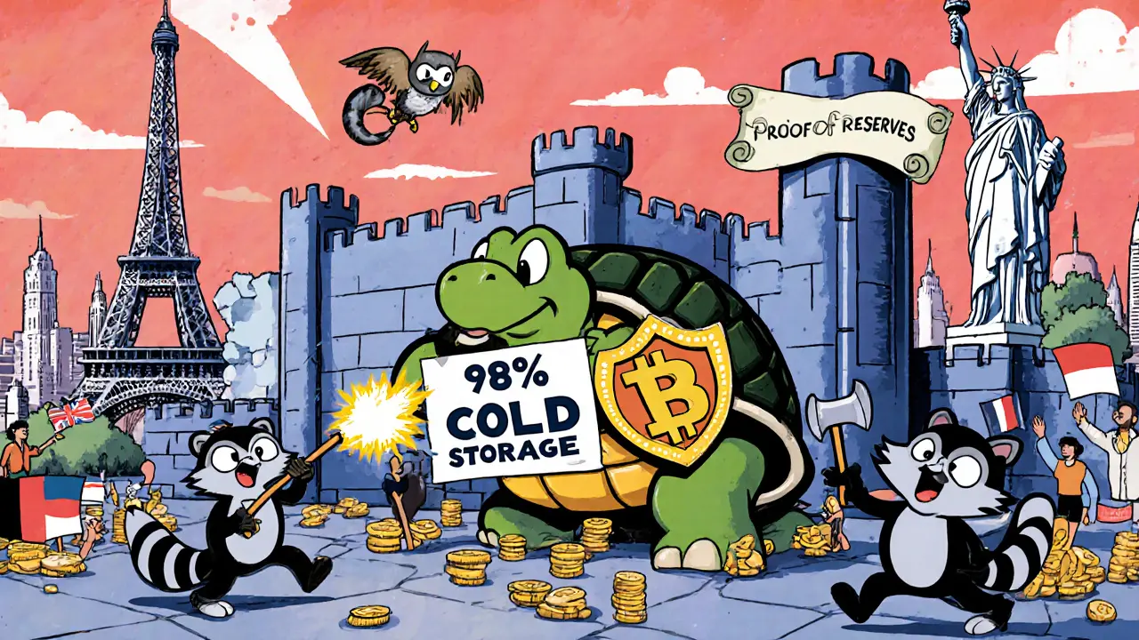 A tortoise guarding a crypto fortress with multi-signature shields, fending off hacker raccoons under a glowing proof-of-reserves scroll in classic cartoon style.