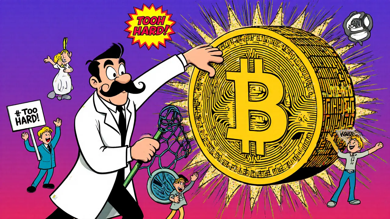 A villain attacked by a shield of spinning hash symbols, miners celebrating nearby.