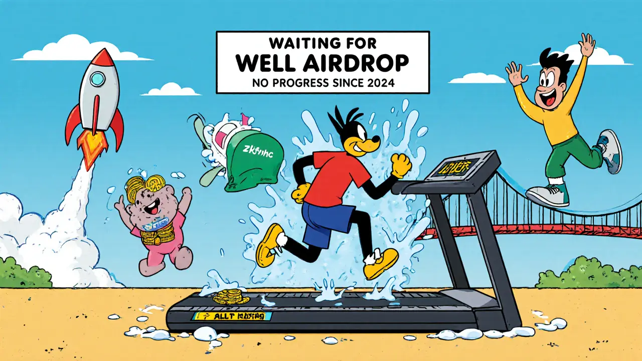 A wallet stuck on a treadmill labeled &#039;Waiting for WELL Airdrop&#039; as other wallets collect real tokens from verified projects.