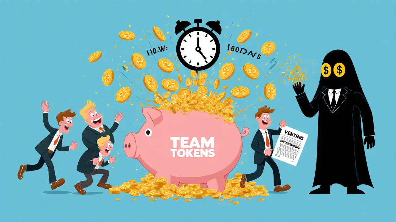 An exploding piggy bank labeled &#039;Team Tokens&#039; with investors running away as cash rains down.