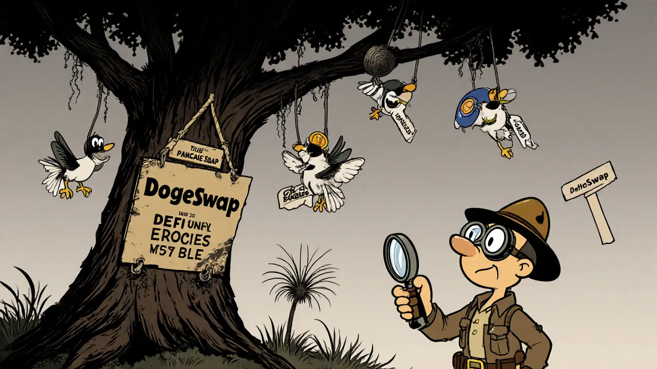 An explorer examining a dusty DogeSwap sign in a DeFi jungle, while birds fly away carrying names of bigger DEXs.