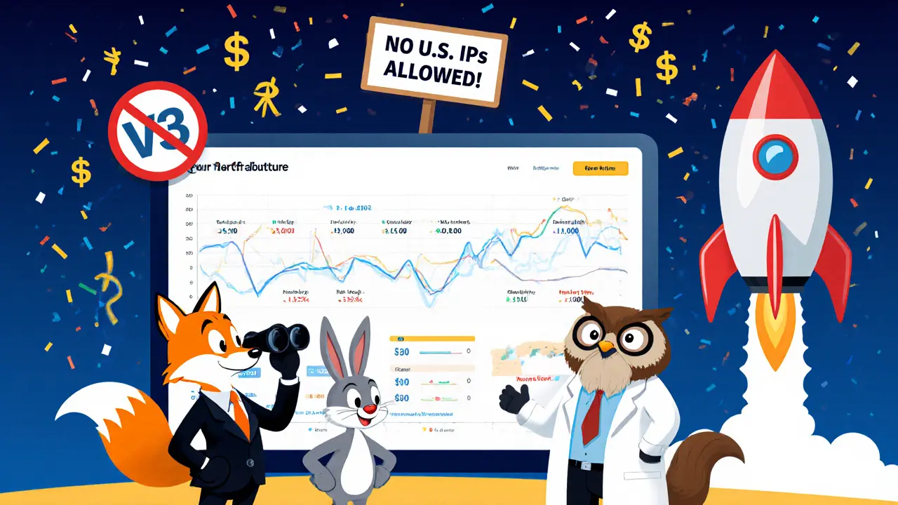 Animal traders examining a SynFutures dashboard with a V3 rocket blasting off.