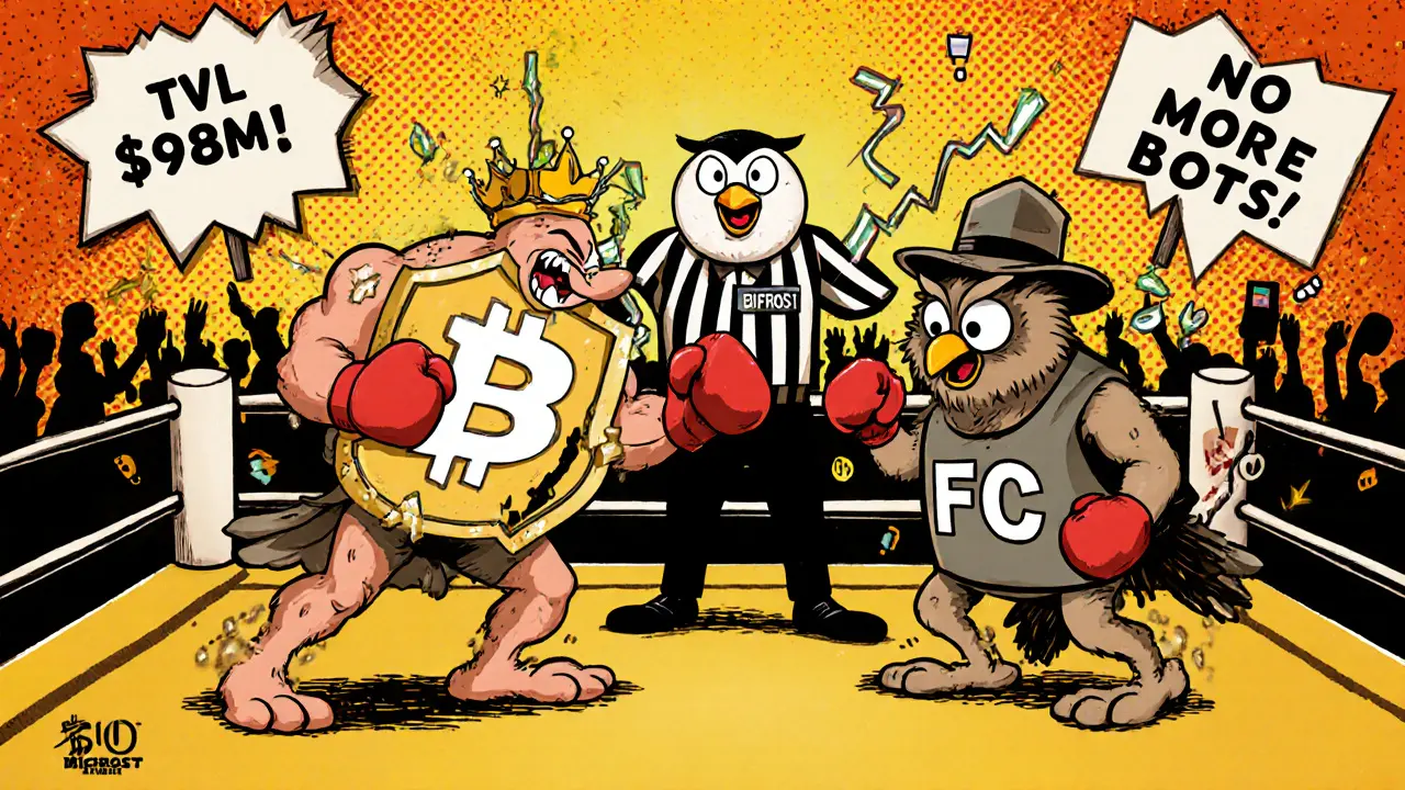 BNC token knockout punch against outdated BFC in a cartoon boxing ring with cheering crowd.