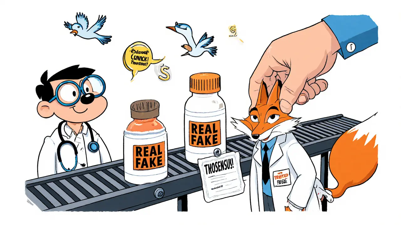 Cartoon supply chain with medicine bottles being verified by a pharmacist and a consensus hand stopping a thief.