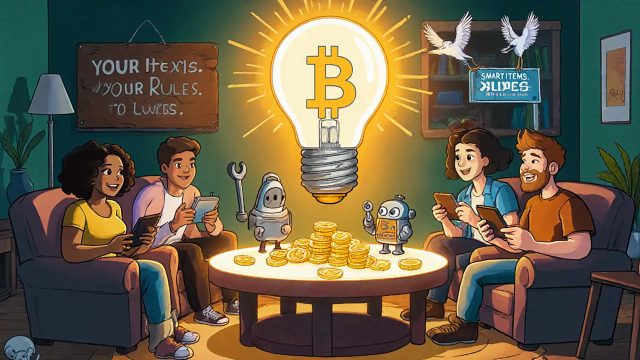 Diverse players at a table with glowing NFTs as a blockchain lightbulb shines above, fixing a broken server.