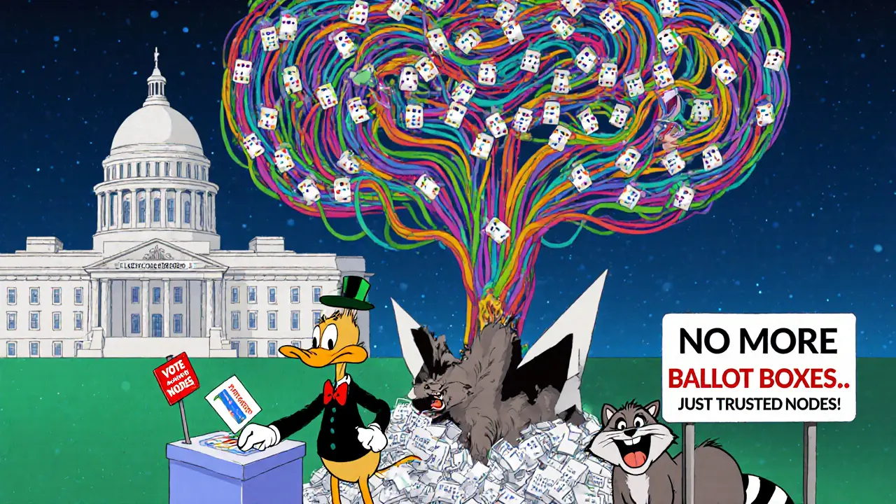 Elmer Fudd voting via ID card as his vote flows into a glowing tree of digital nodes above a crumbling paper ballot pile.