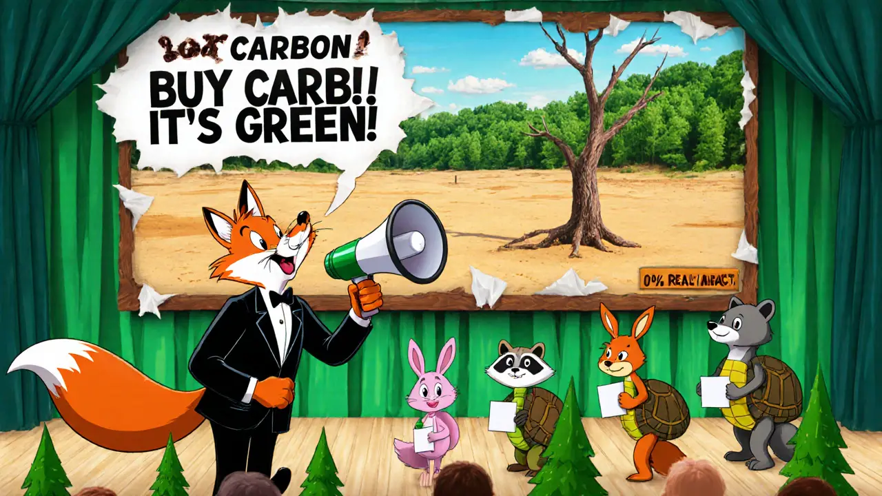 Fox in a suit promoting fake eco-crypto to confused animals holding empty wallets