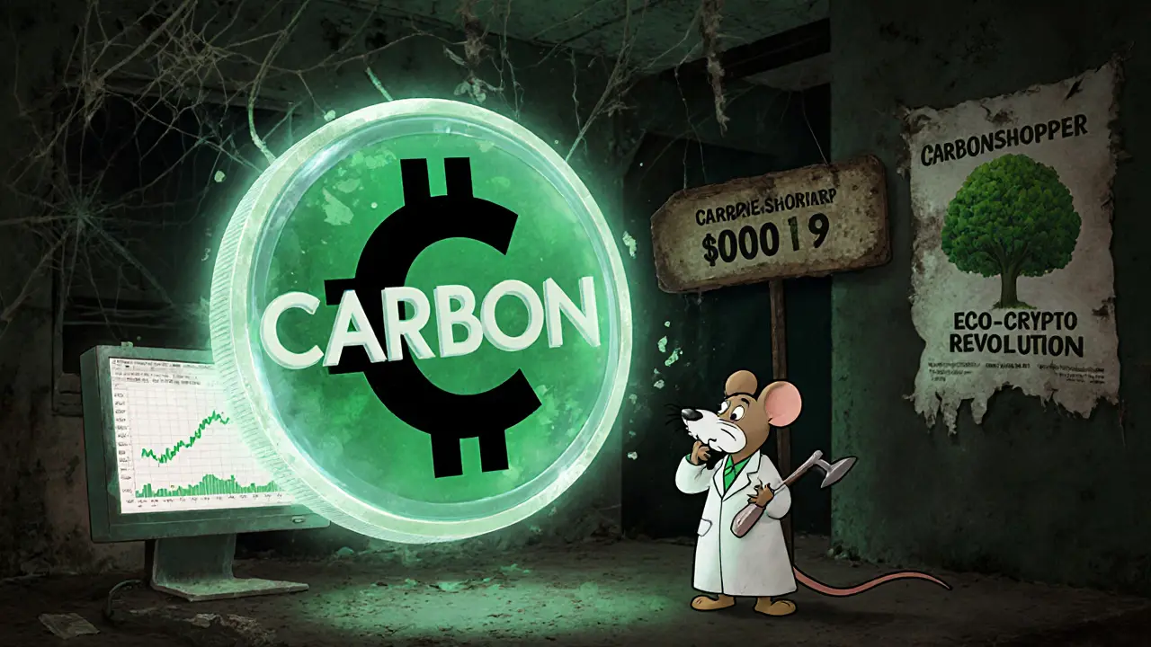 Ghostly crypto coin drifting through an abandoned digital office with fading price charts