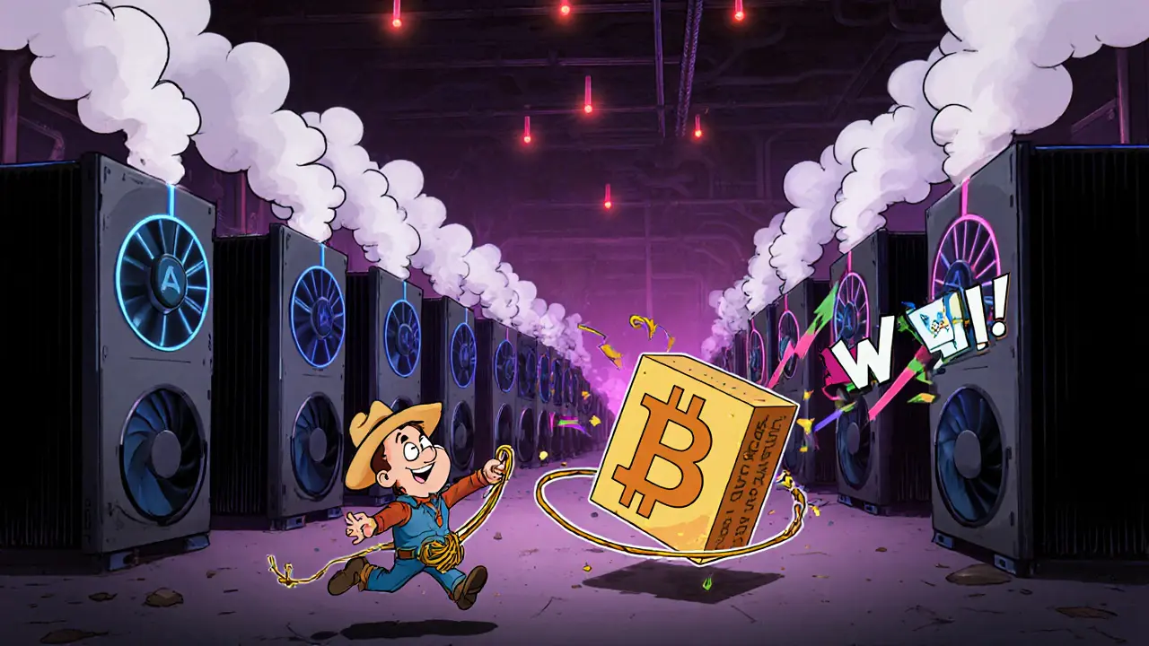 Giant mining machines in a Texas warehouse with cowboy hats, chasing a rolling block.