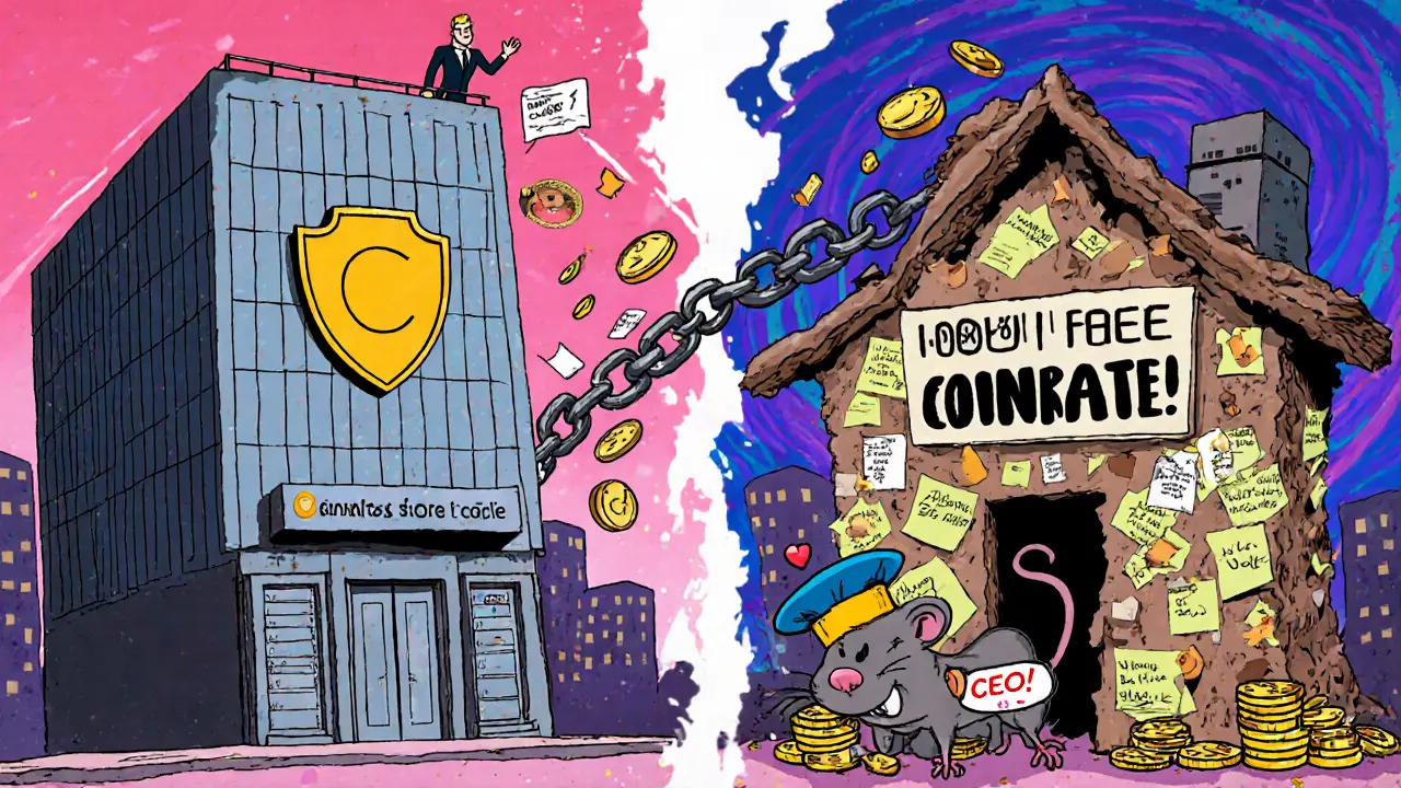 Heroic Coinbase building vs. crumbling Coinrate shack in chaotic cartoon comparison.