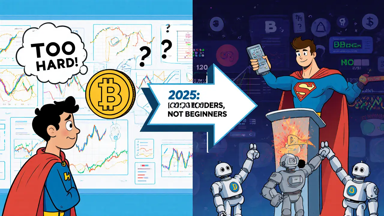 Left: confused beginner overwhelmed by charts. Right: confident trader controlling robot bots with a BGB token remote.