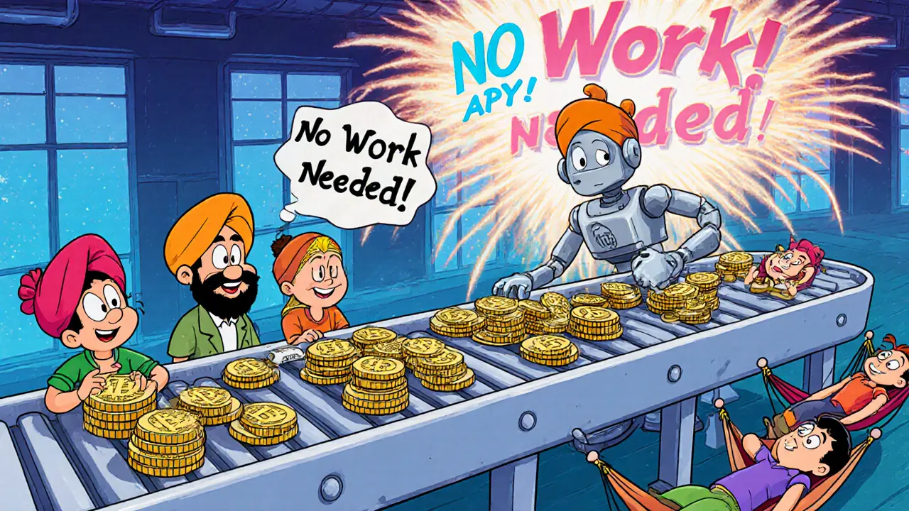 Mudrex robot automating crypto portfolio rebalancing with 8% APY fireworks in background.