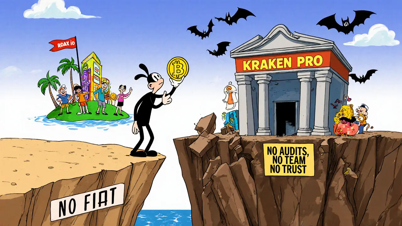 Nervous trader at a cliff labeled &#039;NO FIAT&#039; looking toward a safe exchange island while RDAX.io crumbles behind.