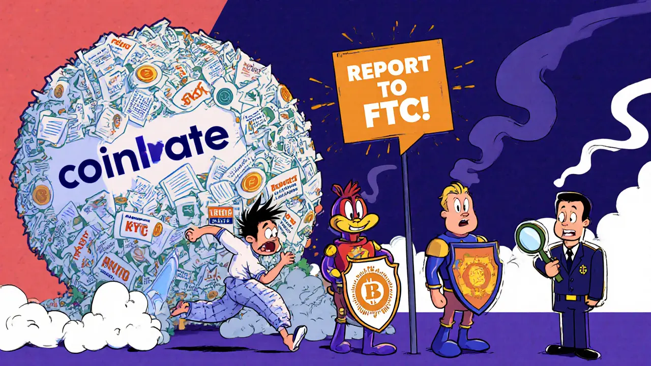 Newbie chased by Coinrate monster as trusted exchanges stand guard with safety shields.