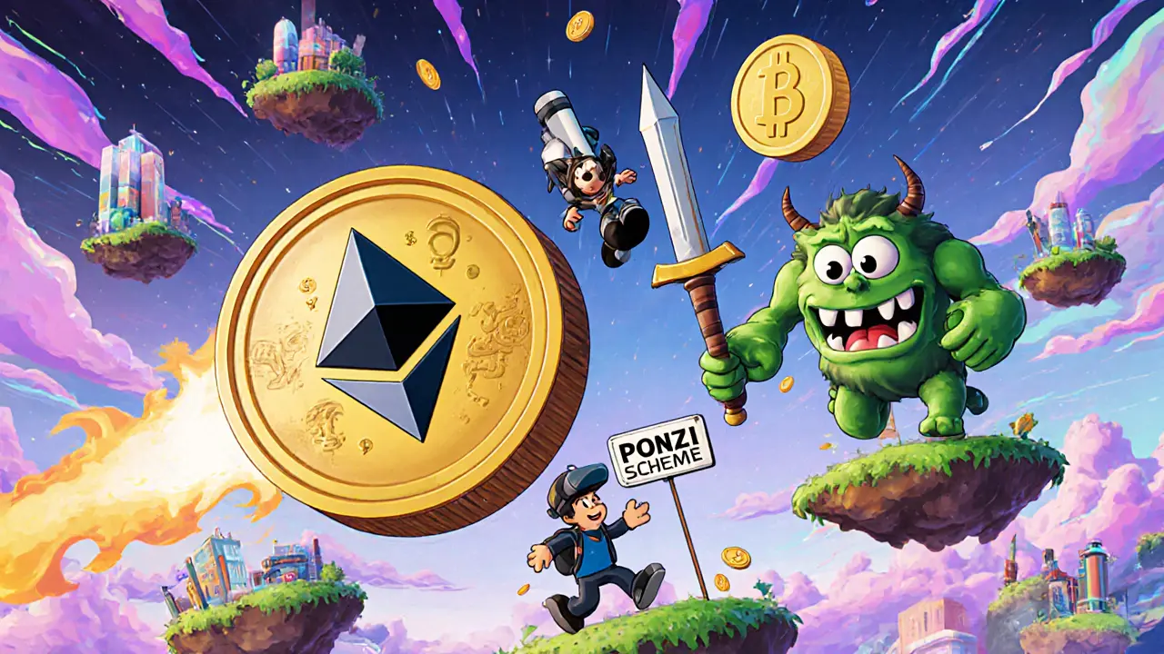 Player on a wallet jetpack chasing a flying NFT sword while being pursued by a dollar-eyed monster.