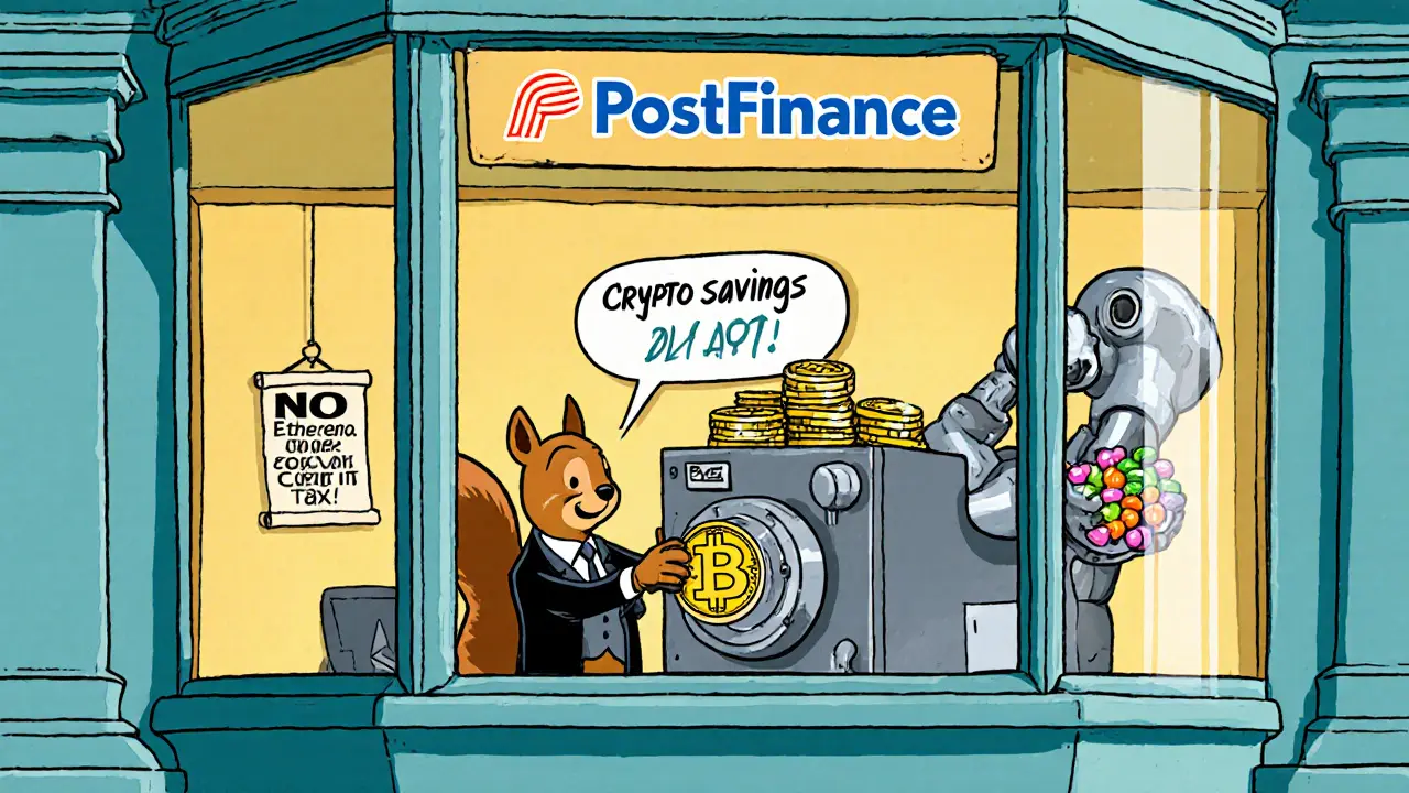 PostFinance bank teller giving out crypto coins like candy, squirrel in suit, Looney Tunes style
