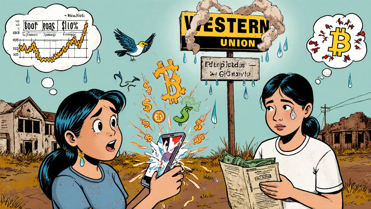 Rural woman confused by a crashing Chivo app while neighbor receives cash via Western Union, exaggerated expressions and exploding dollar signs.