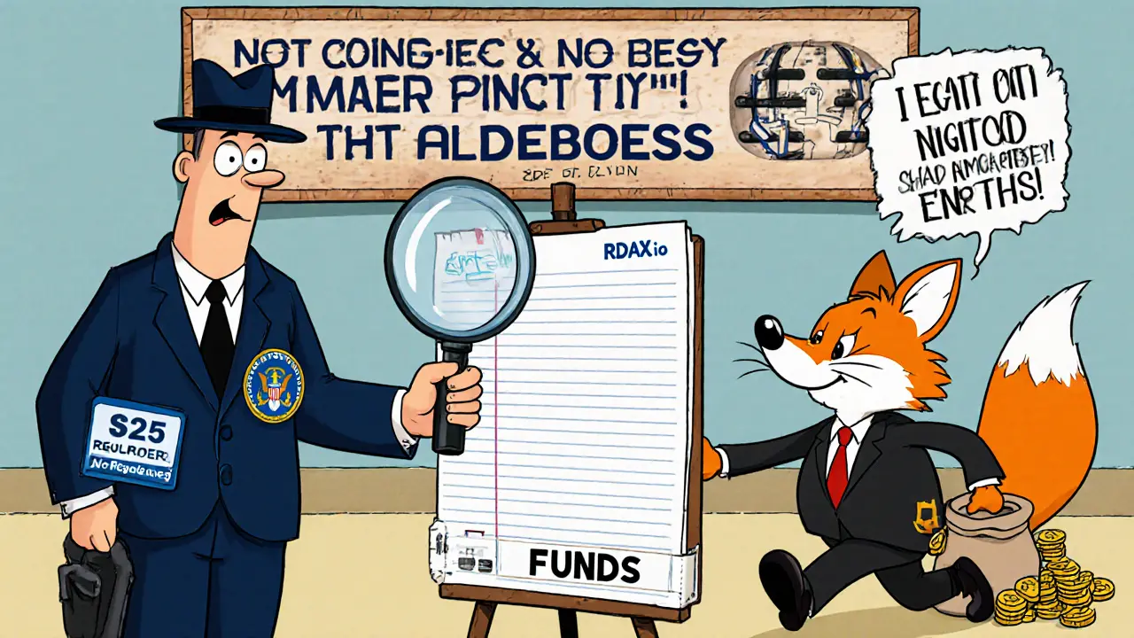 SEC agent examining an empty ledger labeled RDAX.io as a fox sneaks away with user crypto funds.