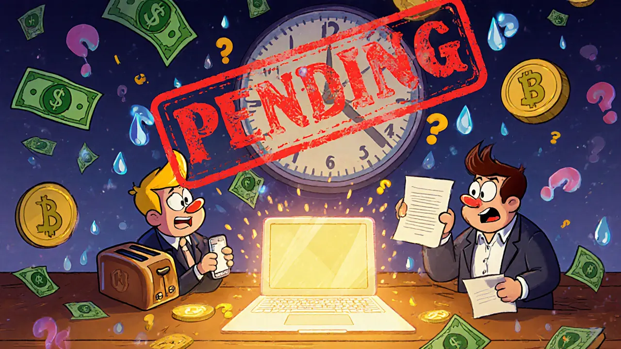 Three founders arguing over a glowing 2-of-3 wallet interface with flying money and a giant &#039;PENDING&#039; stamp.