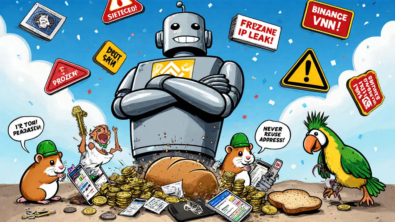 Traders play Hamster Combat while a giant robot crushes VPNs and wallets, with a private key hidden in bread.