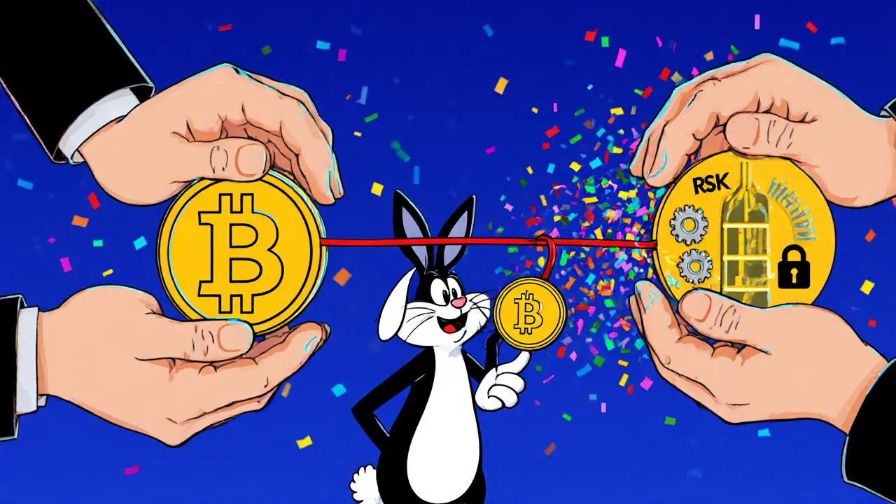 Two cartoon hands connected by a rubber band transferring coins between Bitcoin and sidechain blockchains.
