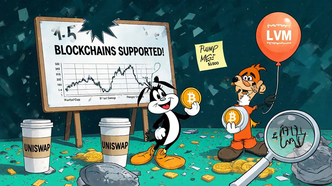 Two cartoon traders on an empty trading floor with a shattered &#039;15 BLOCKCHAINS&#039; sign and a plummeting graph.