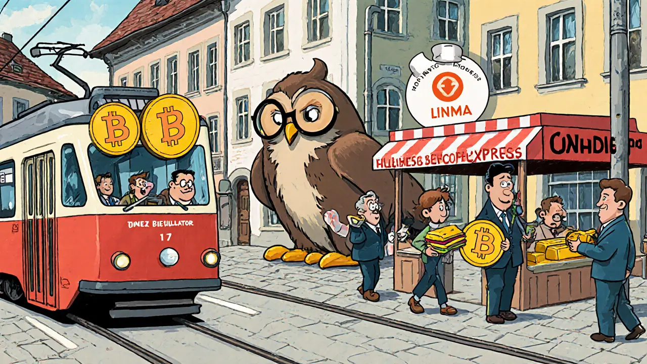 Zug street scene with people buying coffee using Bitcoin, Looney Tunes cartoon style