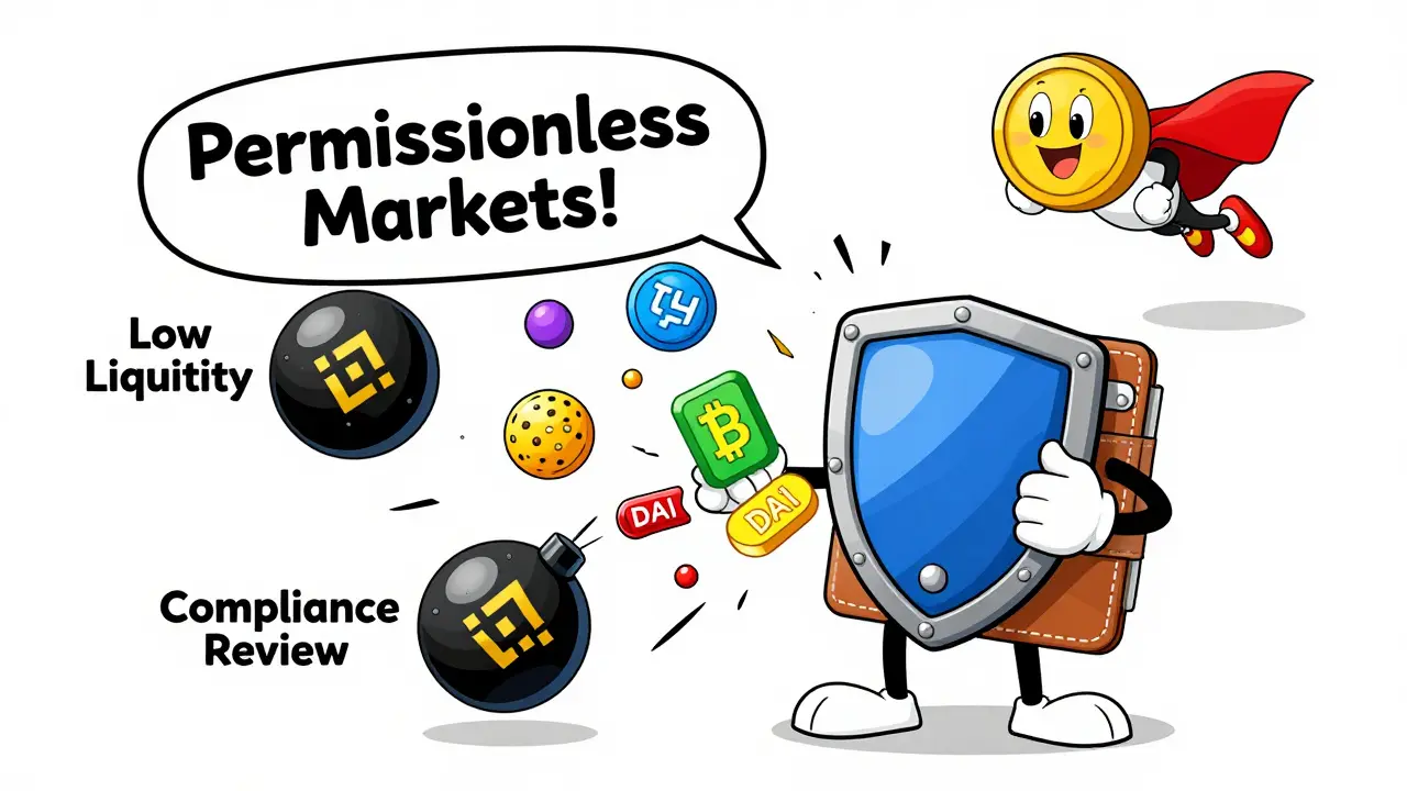 A cartoon wallet dodging Binance delisting bombs while a PERP token superhero flies in with multi-collateral assets.